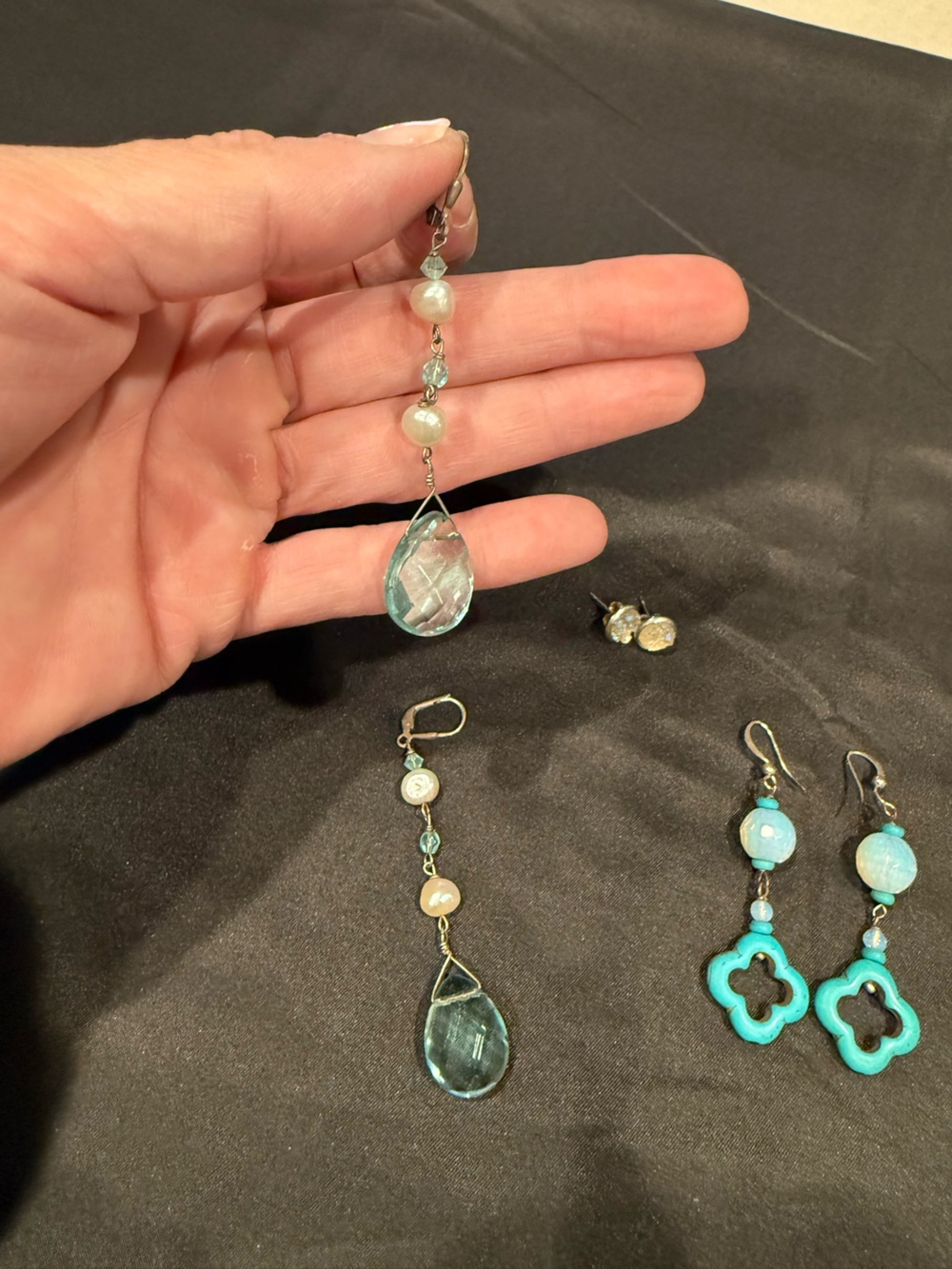 3 Pairs Earrings Druzy Quartz Studs + Blue Topaz Crystal Drops +Turquoise Clover - Picture 10 of 13